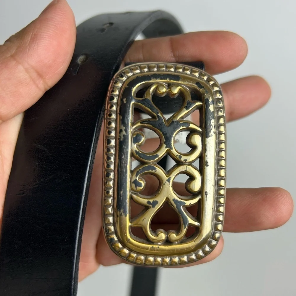 VTG Y2K GAP Belt‎ 30 (34.5”)Women Black Genuine Leather Tooled Buckle Cowgirl